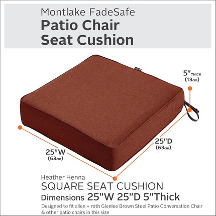 Classic Accessories Montlake FadeSafe Coussin de siège de patio carré - 12,7 cm d'épaisseur - Coussin de patio extérieur robuste avec envers résistant à l'eau, rouge henné chiné, 63,5 cm L x 63,5 cm P x 12,7 cm É (62-020-HHENNA-EC)
