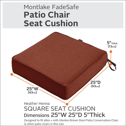 Classic Accessories Montlake FadeSafe Square Patio Lounge Seat Cushion - 5" Thick - Heavy Duty Outdoor Patio Cushion with Water Resistant Backing, Heather Henna Red, 25"W x 25D x 5T (62-020-HHENNA-EC)