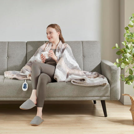 Couverture chauffante électrique réversible Beautyrest Zuri en fausse fourrure et vison, arrêt automatique, quasiment zéro champ électromagnétique, plusieurs réglages de chaleur, certifiée UL, lavable en machine, plaid 127x178 cm rose poudré/gris