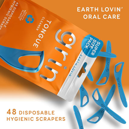 GRIN Tongue Cleaner, 48 Count, Disposable Tongue Cleaner, Hygienic Scraper, Recycled Plastic, Clean Tongue, Promote Fresh Breath, Includes Safe Fold- Back Tooth Pick