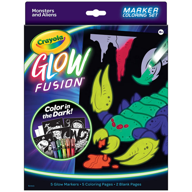 Crayola Glow Fusion, kit de coloriage phosphorescent avec marqueurs, pages à colorier d'aliens et de monstres, cadeau pour enfants