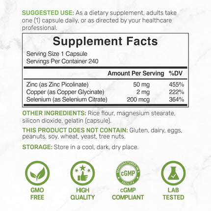 Deal Supplement Zinc 50mg with Selenium + Copper, 240 Capsules, 8 Month Supply, 3 in 1 Mineral Formula, Zinc Picolinate Complex Supplement, Supports Healthy Immune System for Adults and Kids