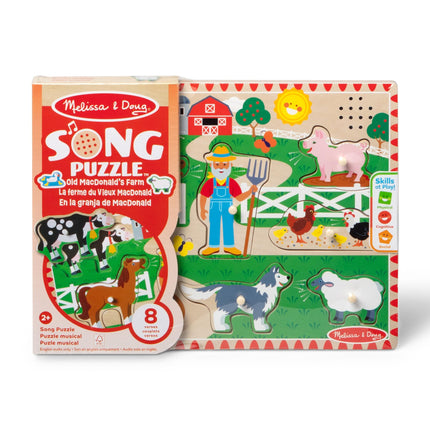 Melissa & Doug Rompecabezas musical de la Granja de Old MacDonald – Rompecabezas de madera con 8 piezas y clavijas, con sonidos activados por la luz, juguete de aprendizaje musical para niños pequeños y preescolares de 2 años en adelante