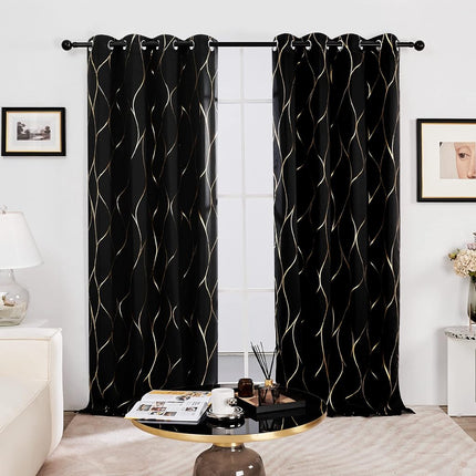 Deconovo Cortinas Opacas con Aislamiento Térmico y Estampado de Ondas Doradas para Oscurecer Habitaciones, Paneles Eficientes Energéticamente, Cortinas con Ojales para Puertas Corredizas de Vidrio, 52W x 96L Pulgadas, 2 Paneles, Negro