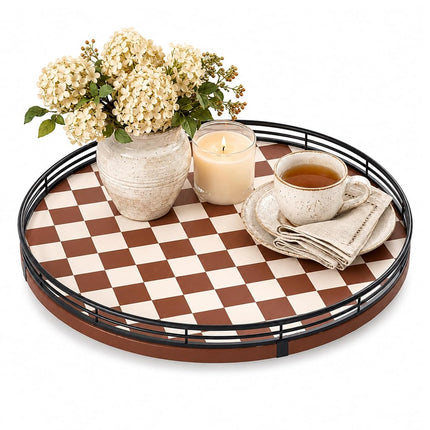 AMH 13-Inch Brown White Checkerboard Lazy Susan wi