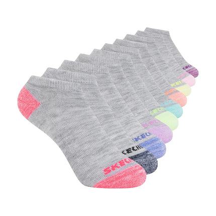 Skechers Girls' 10-Pack Performance No Show Socks, Everyday Wear for Kids, Soft & Comfort-fit, Light Grey Heather Multicolor, 7-8.5