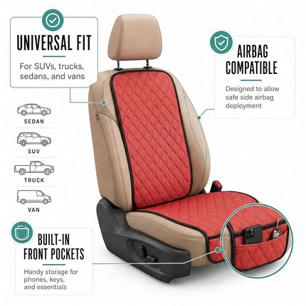 FH Group Car Seat Cushion Front Set Neosupreme Automotive Seat Cushions - Universal Fit, Car Seat Cushion with Front Pockets, Airbag Compatible Car Seat Cushions for SUV, Sedan, Van Red