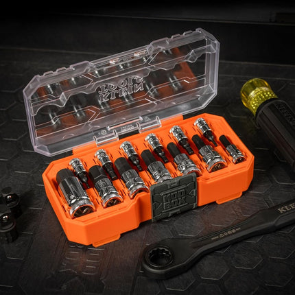 Klein Tools 65213HEX Knurled Hex Bit Socket Set, 1/4, 3/8 and 1/2-Inch Drives, Premium Cr-V Steel, SAE Sizes 5/64 to 9/16-Inch, MODbox Case, 13-Piece