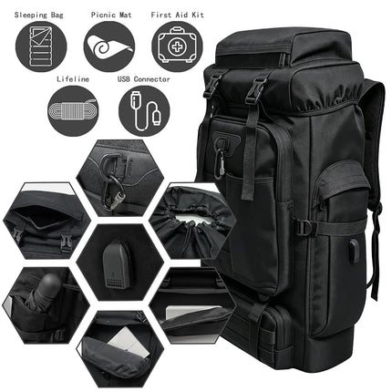 Ogetok 80L Hiking Backpack Camping Rucksack, 80 liters Large Capacity Outdoor Knapsack Travel Climbing Mountaineering Carry On Backpack Bag, Trekking Backpacking for Men Women, Black