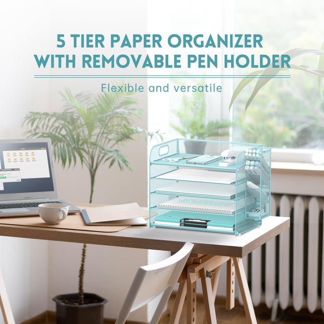 SUPEASY Organizador de Escritorio de 5 Niveles con Asa y Portalápices Extraíbles, Organizador de Malla para Papel/Archivos, Bandeja Organizadora de Papel para Suministros de Oficina (Azul)