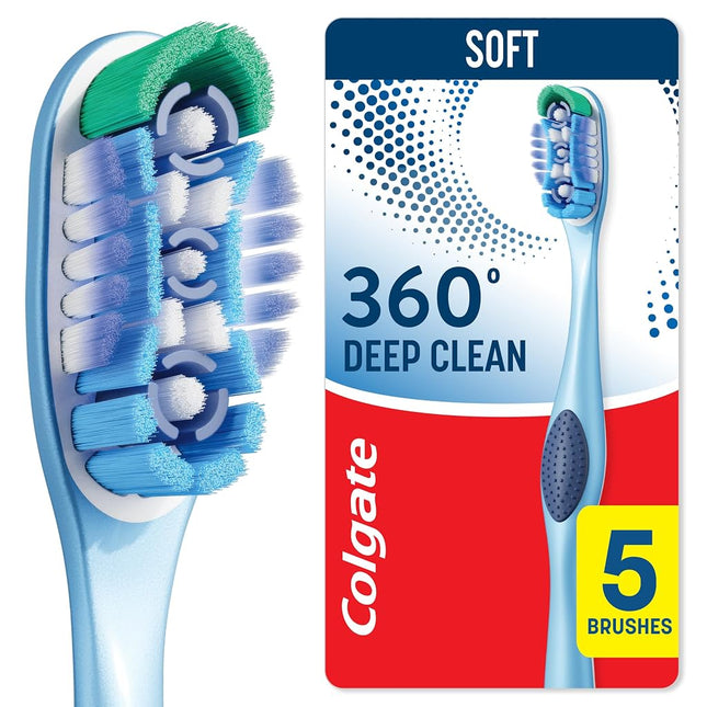 Colgate 360 Whole Mouth Clean Toothbrush, Adult Soft Toothbrushes, 5 Pack