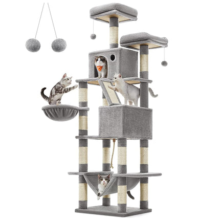 FEANDREA Cat Tree, 206 cm Large Cat Tower with 13 Scratching Posts, 2 Perches, 2 Caves, 1 Scratching Ramp, Basket, Hammock, Pompoms, Multi-Level Plush Cat Condo for Indoor Cats, Light Gray