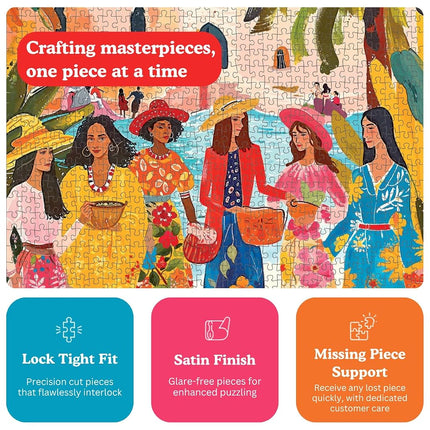 Saharan Sun: Fashion Under The Palms by Cross & Glory - 1000 Piece Moroccan Desert Jigsaw Puzzle, Eco-Friendly, Vibrant Colors, Ideal for Adult Puzzle Enthusiasts