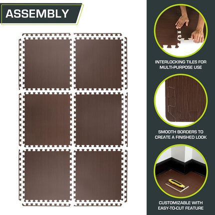 Tapis puzzle ProsourceFit motif bois ½ pouce, 6 dalles de sol emboîtables en mousse EVA (2,23 m²) pour revêtement de sol de salle de sport intérieure sécurisé, bureaux, salons et aires de jeux, Noyer foncé