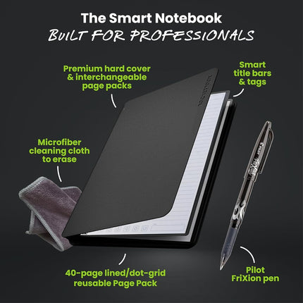 Rocketbook Pro 2.0 Cuaderno Digital Reutilizable - Bloc de Notas Inteligente - Negro, con 20 páginas punteadas y rayadas, tapa dura, con bolígrafo Pilot Frixion y paño de microfibra, tamaño ejecutivo A5 7" x 9" - Gadget de Oficina