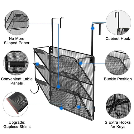 BOHDK Wall File Organizer 3 Pockets, Mail Organizer, Hanging Folder Holder, Foldable | Hanging or Wall Mounted | Label Panel | 2 Hooks | Office Home School Organizer, Black
