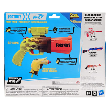 Nerf Fortnite Peely Launcher Set of 2 - Includes 4-Dart SR-Ripe Launcher with Hammer, Micro Peely Launcher and 10 Official Elite Darts