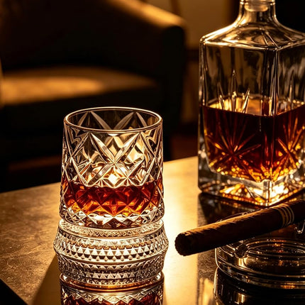 CEEFU Old Fashioned Whiskey Glasses with 360° Rotating Base, Set of 2 (2 Crystal Glasses Set, 2 Big Ice Ball Molds) In Gift Box - Bourbon, Cocktail, Rocks, Bday Gifts Ideas for Men, Ice Crackle