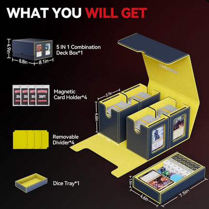 Card Deck Box for MTG with Commander Display, 5 in 1 Card Storage Box Fits 400+ Double-sleeved Cards, Removable Deck Case for TCG/Sports Cards with Dice Tray, 4 Magnetic Card Holders (Blue Yellow)