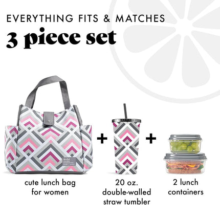 Sac à lunch Fit & Fresh pour femmes, sac à lunch isotherme pour femmes pour le travail, grande boîte à lunch pour femmes étanche et résistante aux taches avec contenants et gobelet assorti, sac Westport à fermeture à bouton-pression Magenta