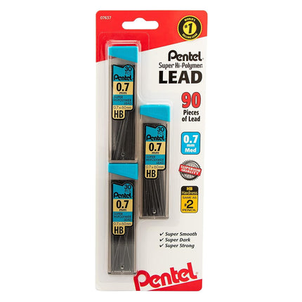 Pentel Super Hi-Polymer Leads, 0.7 mm, Medium, HB, 30 Leads Per Tube, Pack of 3 Tubes