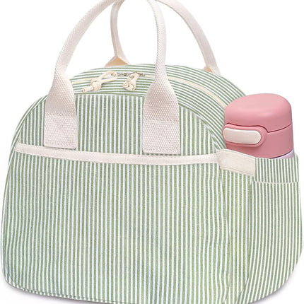 Carry Bloom Lunch Box for Women, Insulated Lunch Bag Cute Corduroy Lunchbag Reusable Lunchbox for Work (1 Pink White Stripes)