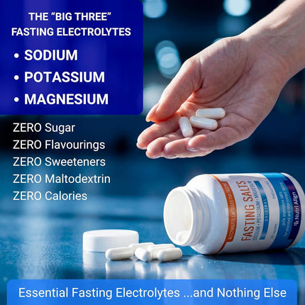 Fasting Salts Capsules: Pure Electrolyte Supplement for Extended Fasting. Sodium, Potassium, Magnesium | Completely Free from Junk Fillers, Sugars, Sweeteners | 120 Capsules.