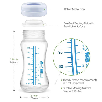Wide Neck Breastmilk Collection & Storage Bottle 9oz; Remarkable SureSeal Disc. Fits Spectra S2, S1, 9 Plus and Avent Breastpumps. Replace Spectra & Avent Bottles
