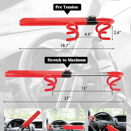 Tevlaphee Steering Wheel Lock Anti-Theft Car Device Heavy Duty Security Car Lock Antitheft Locking Devices Great Deterrent Adjustable Car Wheel Lock Anti Theft for Vehicle Truck SUV with 3 Keys (Red)