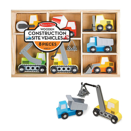 Melissa & Doug Wooden Construction Site Vehicles with Wooden Storage Tray (8 pcs) Construction Toys, Vehicle Toys, Cars for Toddlers and Kids Ages 3+