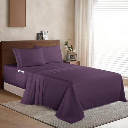 Elegant Comfort Luxury 1500 Premium Hotel Quality Microfiber 4-Piece Sheet Set - Soft, All Around Elastic 18-24 Inches Deep Fitted Sheet - Extra Deep Pocket Sheets, King, Eggplant-Purple