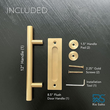 Rio Salto 12-Inch Brushed Brass Gold Barn Door Handle Kit, Closet Door Handle Stainless Steel, Pull Handle and Flush Handle Set, Heavy Duty Large Sliding Door Handles Hardware Included (1-Door Pack)