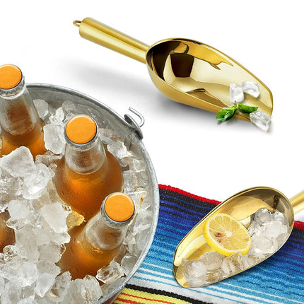 6 Ounce Ice Scoop Set of 2, E-far Gold Stainless Steel Small Scoops for Ice Cube/Candy/Flour/Sugar, Metal Utility Scoops for Canisters, Baking, Kitchen Pantry, Rust Free & Dishwasher Safe