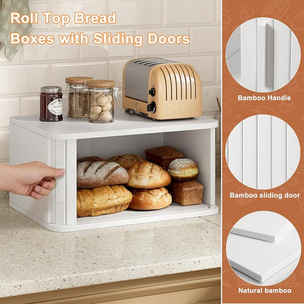 WOWLIVE Bread Box for Kitchen Countertop, Large Roll Top Bread Boxes with Sliding Door, Airtight Bread Storage Container for Loaves, Pastries & Bagels, Bamboo Counter Organizer (White, Medium)