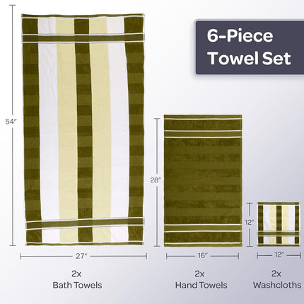 Lavish Home 6-Piece Complete Bath Towel Set – Luxurious Solid and Striped Absorbent Cotton Towels – Machine Washable Bathroom Set (Green)