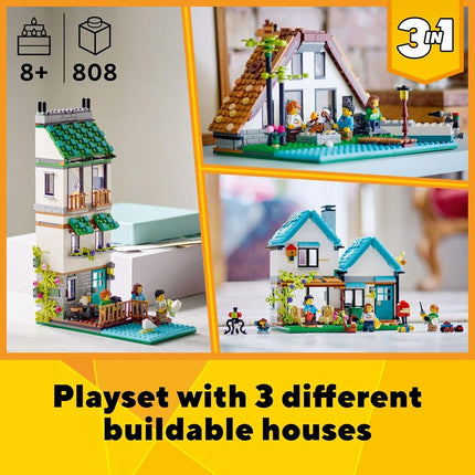 Creator 3 in 1 Cosy House Building Kit, Rebuild into 3 Different Houses, Includes Family Minifigures and Accessories, DIY Building Toy Ideas for Outdoor Play for Kids, Boys and Girls, 31139
