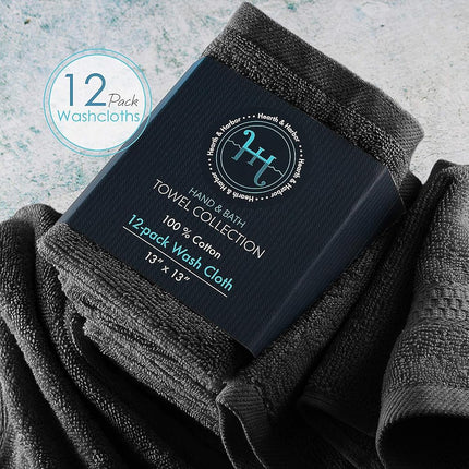 Hearth & Harbor 100% Ring Spun Cotton Washcloths 12 Pack - Washcloth for body and face, High Absorbent and Soft 33x33 cm Body Wash Cloth, Quick Dry - Black Washcloths