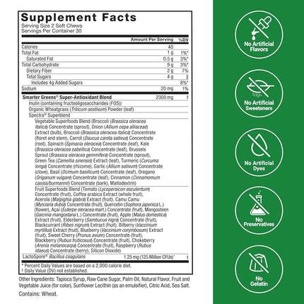 Force Factor Smarter Greens Superfood Chews, 2-Pack, Greens and Superfoods with Probiotics, Antioxidants, and Fiber, Greens Supplement to Support Digestion, Nitric Oxide, and Energy, 120 Soft Chews