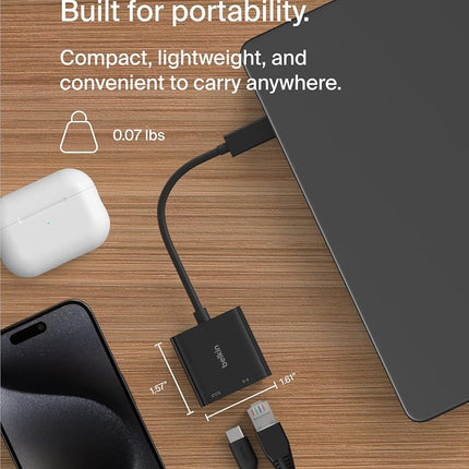 Belkin Connect USB-C to Ethernet + Charge Adapter 100W w/Gigabit Ethernet Port and USB-C Port - [10/100/1000] Mbps for Fast Internet Connection - Compatible with iPhone 16, 15, Galaxy S24 & More