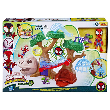 SPIDEY AND HIS AMAZING FRIENDS Marvel Dino Webs Tree House Playset, Spider-Man & Goblin Raptor, 4-Inch Action Figure Set, Ages 3+