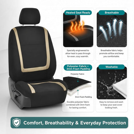 FH Group Car Seat Covers Front Set in Cloth -Car SeatCovers for Low Back Car Seats with Removable Headrest,Universal Fit,Automotive SeatCovers,Washable Car SeatCover for SUV,Sedan,Van Beige