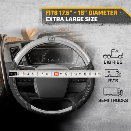 Funda de volante de cuero sintético gris/negro CAT® BigGrip, tamaño extragrande de 18 pulgadas, para vehículos recreativos y camioneros de plataforma, funda de volante para camiones de 18 ruedas