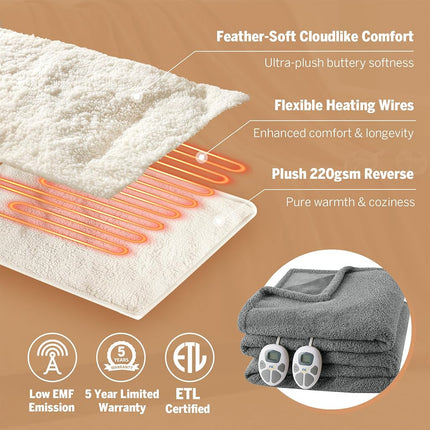 Manta eléctrica calentada Serta Queen - Suave, cálida, afelpada para oficina, sofá - Apagado automático de 1 a 12 horas, 10 ajustes de calor, certificación ETL - 84" x 90" Gris