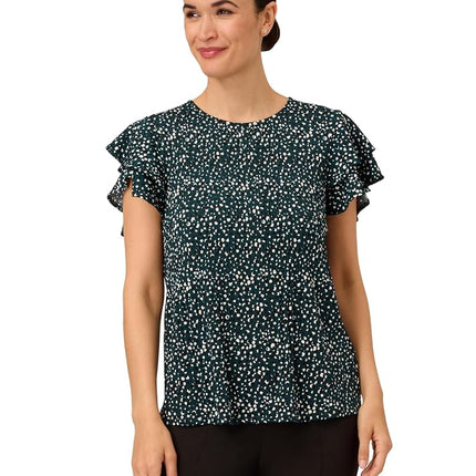 Adrianna Papell Women's Pleated Knit Double Sleeve Top, Dark Evergreen Brushed Dot, M