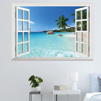 FLFK Fake Window Wall Sticker - Summer Beach Faux Window Wall Mural, Stick and Peel Wall Decals, 48"x32", Set of 2 Sheets