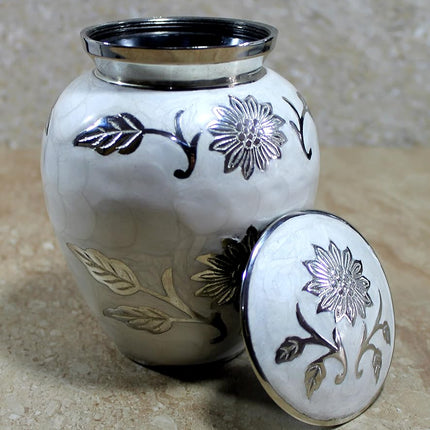 eSplanade Metal Cremation Urn Memorial Jar Pot Container | Medium Size Urn for Funeral Ashes Burial | Engraved Metal Urn | Pink - 6" Inches (White Floral)
