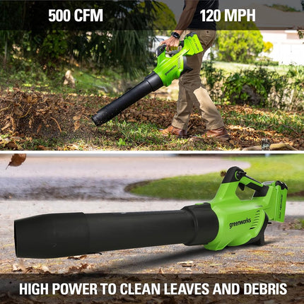 Greenworks 40V (120 MPH / 500 CFM / 75+ Compatible Tools) Cordless Axial Leaf Blower, 2.5Ah Battery and Charger Included