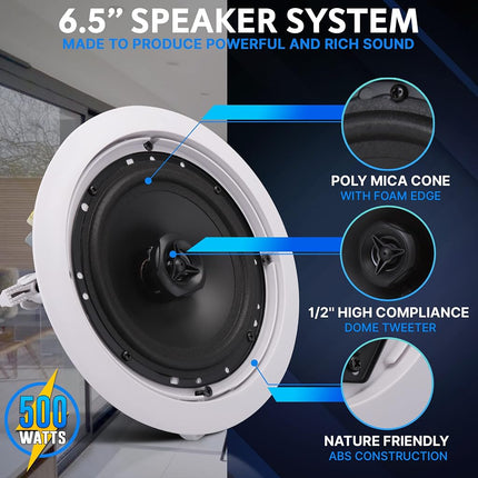 PYLE Ceiling and Wall Mount Speaker - 6.5� 2-Way 70V Audio Stereo Sound Subwoofer Sound, 500 Watts, White