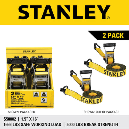 STANLEY S50002 Black/Yellow 1.5" x 16' Heavy-Duty Ratchet Straps (5,000 lb Break Strength), 2 Pack
