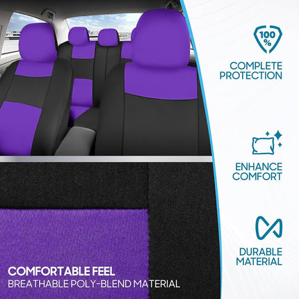 BDK PolyPro Car Seat Covers Full Set in Purple on Black, Front and Rear Split Bench Seat Covers for Cars, Easy to Install Car Seats Cover Set and Accessories for Auto Trucks Van SUV - Purple
